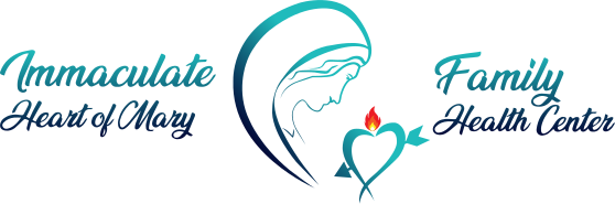 Logo of immaculate heart of mary family health center featuring a stylized image of mary with a heart and a flame.
